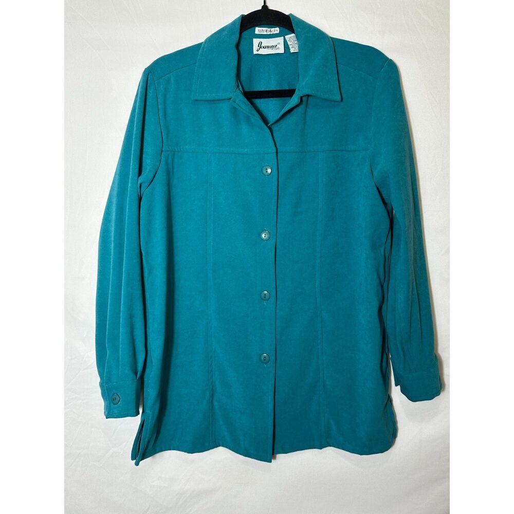 Joanna Stretch Women's Turquoise Faux Swede Long Sleeve Button Down Shirt Size S